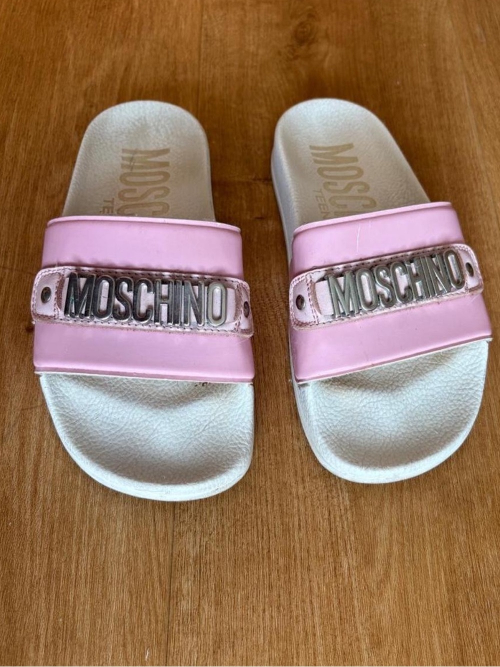 Moschino Kids Pink Slide Sandals with Silver Logo Plaque